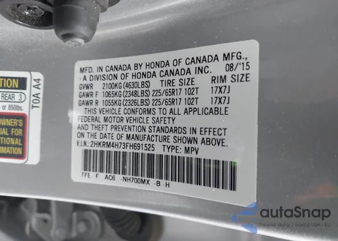 2015 Honda Cr-V Ex-L z USA, uszkodzony, nr VIN 2HKRM4H73FH691525